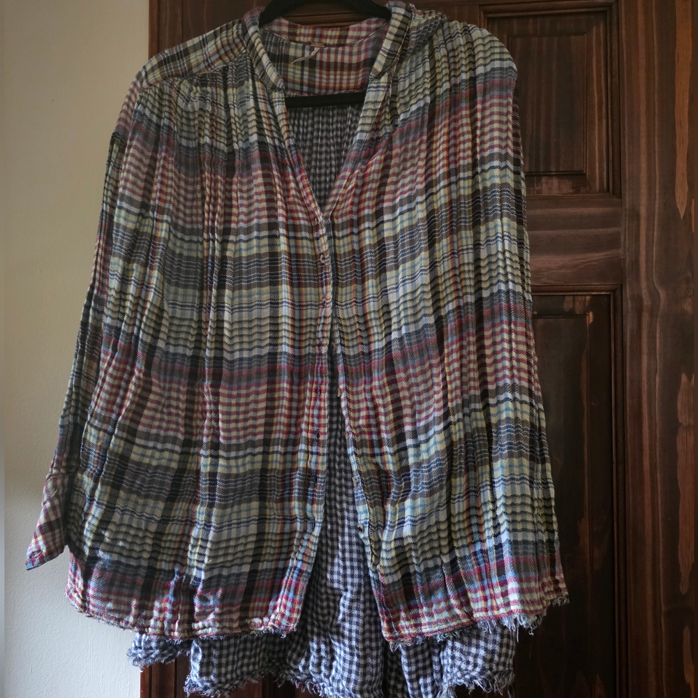 Free People Multicolor Plaid Long Sleeve Top